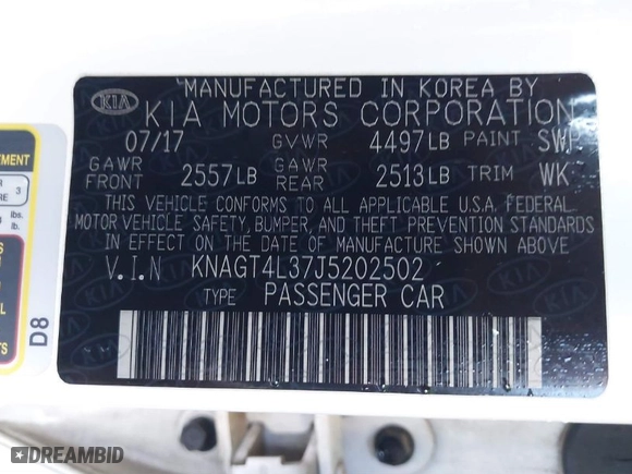 2018 Kia Optima LX with VIN KNAGT4L37J5202502, listed as a IAAI auction lot 41819087 with 73,311 mi miles. Bid and sale history available at carsss.com. Image 9.