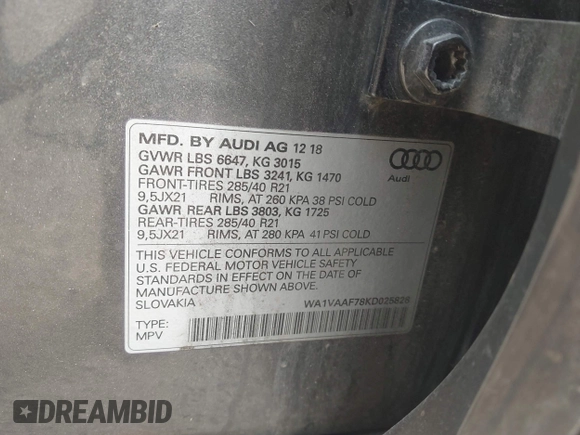 2019 Audi Q7 Prestige with VIN WA1VAAF78KD025828, listed as a IAAI auction lot 42409369 with 92,834 mi miles and . Bid and sale history available at DreamBid. Image 9.