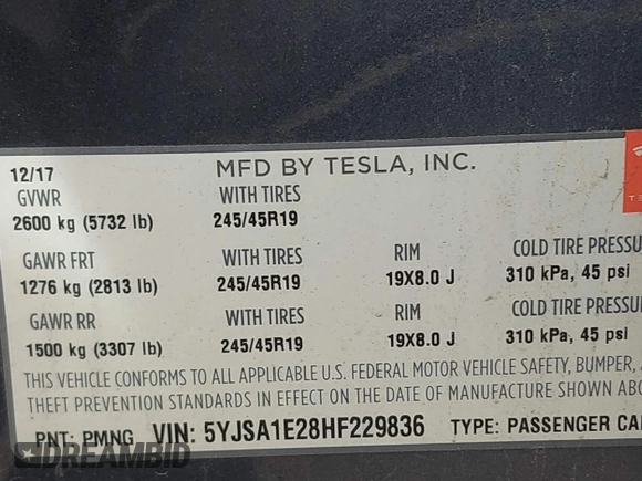 2017 Tesla Model S 100D z VIN 5YJSA1E28HF229836, wystawiony jako IAAI lot #42011901 z przebiegiem 81 012 mil mil oraz . Historia ofert i sprzedaży dostępna na DreamBid. Obrazek 9.