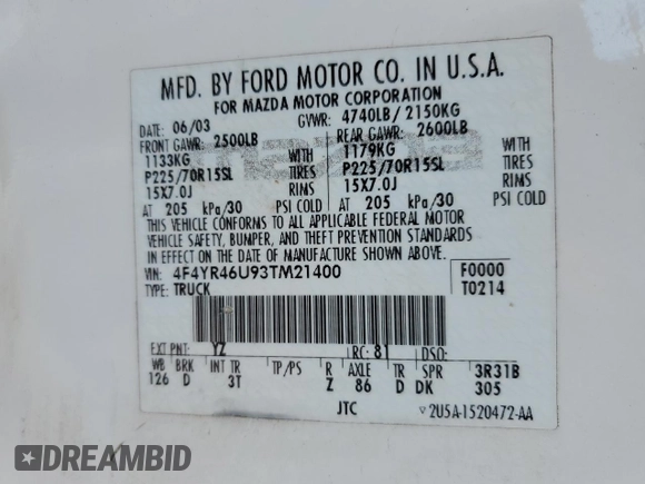 2003 Mazda B-Series Truck z VIN 4F4YR46U93TM21400, wystawiony jako Copart lot #56239985 z przebiegiem 133 893 mil mil oraz Szkoda całkowita • Salvage title. Historia ofert i sprzedaży dostępna na DreamBid. Obrazek 12.