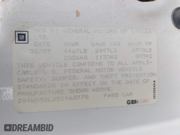 1995 Buick Regal with VIN 2G4WD52L2S1463778, listed as a IAAI auction lot 41849644 with 191,138 mi miles and . Bid and sale history available at DreamBid. Image 9.