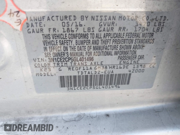 2016 Nissan Note S with VIN 3N1CE2CP5GL401496, listed as a IAAI auction lot 42100925 with 127,574 mi miles and . Bid and sale history available at DreamBid. Image 9.