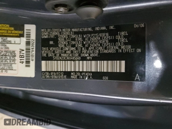 2006 Toyota Sienna CE with VIN 5TDZA23C36S485049, listed as a Copart auction lot 49549295 with 109,757 mi miles and Salvage Title. Bid and sale history available at carsss.com. Image 13.