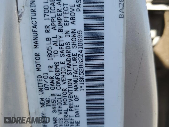 2002 Chevrolet Prizm z VIN 1Y1SK52862Z410699, wystawiony jako Copart lot #58118425 z przebiegiem 157 609 mil mil oraz Szkoda całkowita • Salvage title. Historia ofert i sprzedaży dostępna na DreamBid. Obrazek 12.
