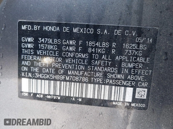 2015 Honda Fit EX-L with VIN 3HGGK5H89FM708786, listed as a IAAI auction lot 42132494 with 132,056 mi miles and . Bid and sale history available at DreamBid. Image 9.