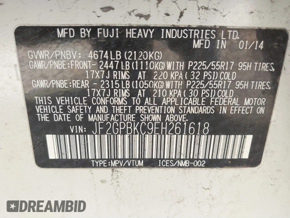 2014 Subaru Crosstrek Touring with VIN JF2GPBKC9EH261618, listed as a IAAI auction lot 41902452 with 132,877 mi miles and . Bid and sale history available at DreamBid. Image 9.