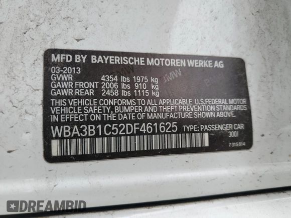 2013 BMW 3 Series 320i with VIN WBA3B1C52DF461625, listed as a Copart auction lot 48551355 with 60,253 mi miles and Salvage Title. Bid and sale history available at carsss.com. Image 12.