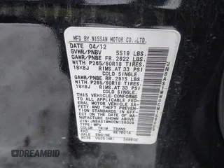 2012 Infiniti FX with VIN JN8AS1MW0CM156009, listed as a IAAI auction lot 41601349 with 53,795 mi miles and . Bid and sale history available at DreamBid. Image 9.
