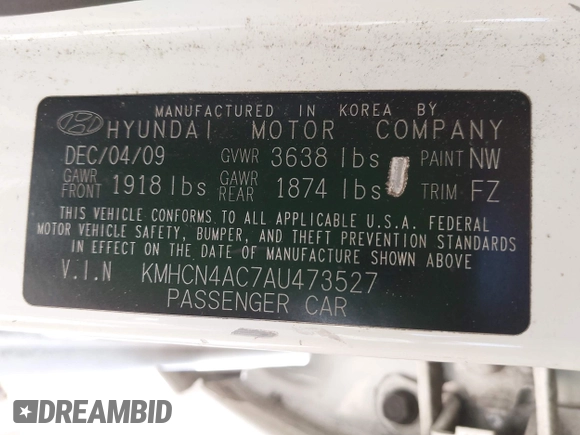 2010 Hyundai Accent GLS with VIN KMHCN4AC7AU473527, listed as a IAAI auction lot 41965592 with 104,506 mi miles. Bid and sale history available at carsss.com. Image 9.