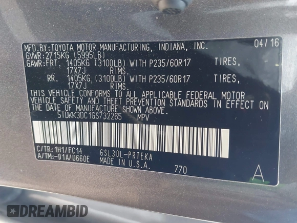 2016 Toyota Sienna LE AAS with VIN 5TDKK3DC1GS732265, listed as a IAAI auction lot 41701180 with 116,738 mi miles. Bid and sale history available at carsss.com. Image 9.