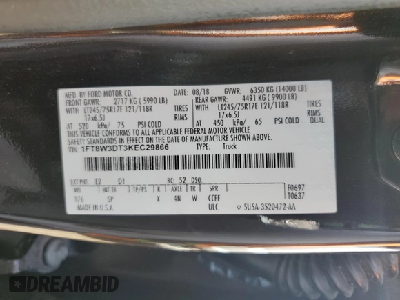 2019 Ford F-350 XL with VIN 1FT8W3DT3KEC29866, listed as a Copart auction lot 53613125 with 95,237 mi miles and Salvage title. Bid and sale history available at DreamBid. Image 13.