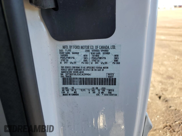 2003 Ford F-150 XL with VIN 2FTRX18L53CA29904, listed as a Copart auction lot 45022105 with 184,018 mi miles and Salvage title. Bid and sale history available at DreamBid. Image 12.