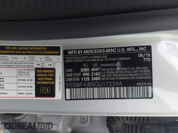 2016 Mercedes-Benz C 300 with VIN 55SWF4JBXGU172594, listed as a IAAI auction lot 42275623 with 92,446 mi miles and . Bid and sale history available at DreamBid. Image 9.