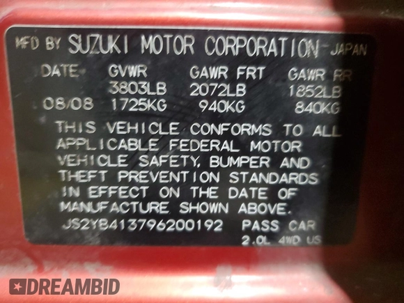 2009 Suzuki SX4 Man AWD with VIN JS2YB413796200192, listed as a Copart auction lot 87372314 with 126,415 mi miles and Salvage Title. Bid and sale history available at carsss.com. Image 12.