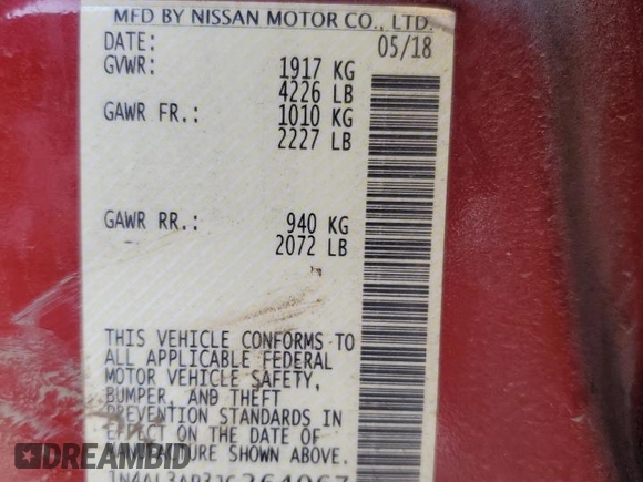 2018 Nissan Altima SV with VIN 1N4AL3AP3JC264067, listed as a Copart auction lot 43358465 with 92,453 mi miles and Non Repairable. Bid and sale history available at DreamBid. Image 12.