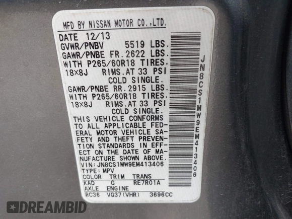 2014 Infiniti QX70 with VIN JN8CS1MW9EM413406, listed as a IAAI auction lot 40269302 with 123,957 mi miles and . Bid and sale history available at DreamBid. Image 9.