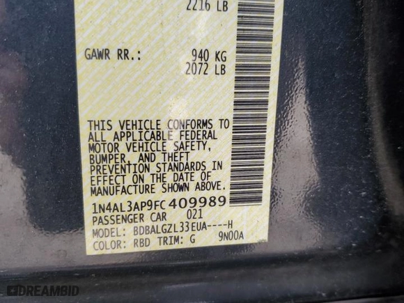 2015 Nissan Altima 2.5 with VIN 1N4AL3AP9FC409989, listed as a Copart auction lot 50134175 with 157,996 mi miles and Salvage Title. Bid and sale history available at carsss.com. Image 13.