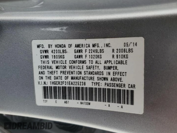2014 Honda Accord LX with VIN 1HGCR2F31EA225238, listed as a Copart auction lot 45457105 with 58,097 mi miles and Salvage Title. Bid and sale history available at carsss.com. Image 13.