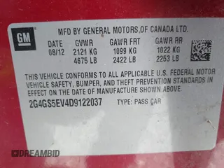 2013 Buick Regal Turbo Premium 1 with VIN 2G4GS5EV4D9122037, listed as a IAAI auction lot 42539219 with 182,078 mi miles and . Bid and sale history available at DreamBid. Image 9.