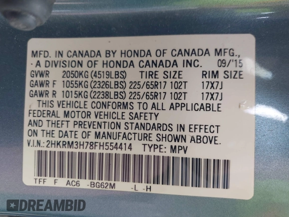 2015 Honda CR-V EX-L with VIN 2HKRM3H78FH554414, listed as a IAAI auction lot 41909098 with 85,264 mi miles and . Bid and sale history available at carsss.com. Image 9.