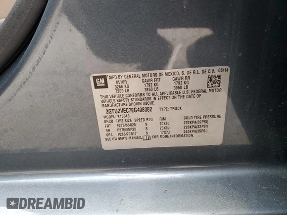 2014 GMC Sierra 1500 SLT with VIN 3GTU2VEC7EG498082, listed as a Copart auction lot 44933215 with 169,342 mi miles and Salvage Title. Bid and sale history available at DreamBid. Image 14.