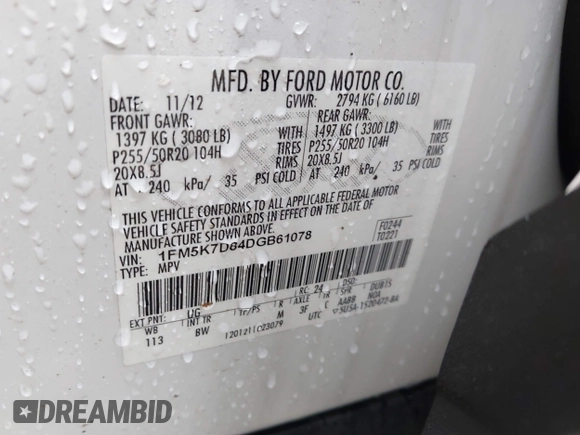 2013 Ford Explorer XLT with VIN 1FM5K7D84DGB61078, listed as a IAAI auction lot 41917054 with 133,483 mi miles and . Bid and sale history available at DreamBid. Image 9.