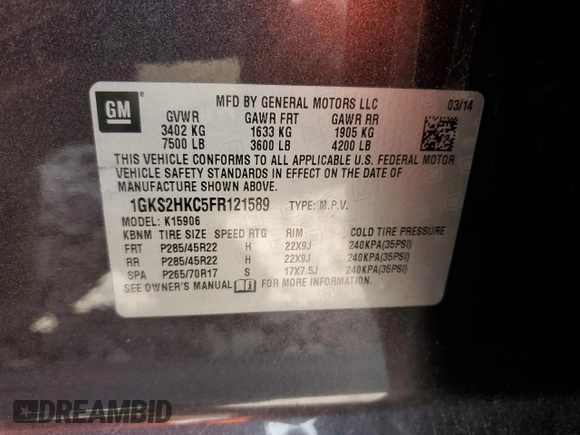 2015 GMC Yukon XL SLT z VIN 1GKS2HKC5FR121589, wystawiony jako Copart lot #57199505 z przebiegiem 200 753 mil mil oraz Szkoda całkowita • Salvage title. Historia ofert i sprzedaży dostępna na DreamBid. Obrazek 13.
