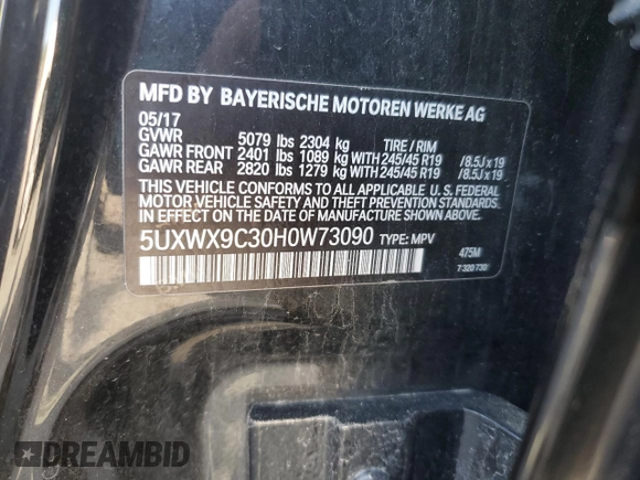 2017 BMW X3 xDrive28i z VIN 5UXWX9C30H0W73090, wystawiony jako Copart lot #56329455 z przebiegiem 138 863 mil mil oraz Szkoda całkowita • Salvage title. Historia ofert i sprzedaży dostępna na DreamBid. Obrazek 13.