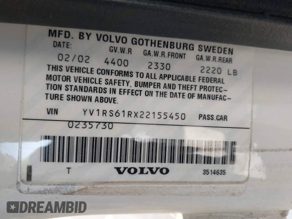 2002 Volvo S60 with VIN YV1RS61RX22155450, listed as a IAAI auction lot 41988229 with 86,115 mi miles. Bid and sale history available at carsss.com. Image 9.