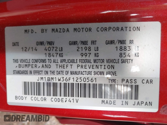 2015 Mazda 3 S Grand Touring z VIN JM1BM1W36F1250561, wystawiony jako IAAI lot #41628951 z przebiegiem 175 622 mil mil oraz . Historia ofert i sprzedaży dostępna na DreamBid. Obrazek 9.