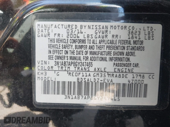 2016 Nissan Sentra SV with VIN 3N1AB7AP8GY247465, listed as a IAAI auction lot 41944770 with 104,673 mi miles and . Bid and sale history available at DreamBid. Image 9.