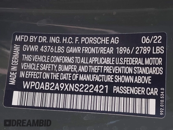 2022 Porsche 911 Carrera S with VIN WP0AB2A9XNS222421, listed as a IAAI auction lot 41872905 with 18,903 mi miles. Bid and sale history available at carsss.com. Image 9.