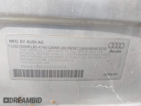 2003 Audi A4 1.8T with VIN WAULC68E83A252078, listed as a IAAI auction lot 41793838 with 157,344 mi miles. Bid and sale history available at carsss.com. Image 9.