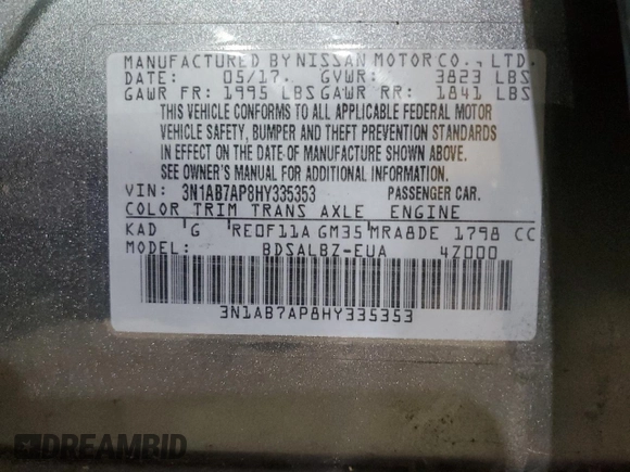 2017 Nissan Sentra S with VIN 3N1AB7AP8HY335353, listed as a Copart auction lot 57016845 with 45,485 mi miles and Non repairable. Bid and sale history available at DreamBid. Image 12.