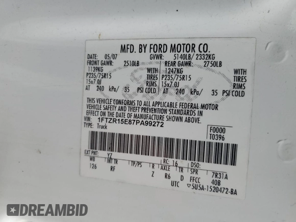 2007 Ford Ranger XL z VIN 1FTZR15E87PA99272, wystawiony jako Copart lot #58435905 z przebiegiem 132 989 mil mil oraz Szkoda całkowita • Salvage title. Historia ofert i sprzedaży dostępna na DreamBid. Obrazek 13.