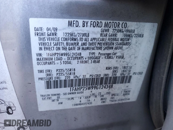 2009 Ford Taurus Limited with VIN 1FAHP25W99G124348, listed as a Copart auction lot 45234945 with 135,438 mi miles and Clean Title. Bid and sale history available at carsss.com. Image 12.