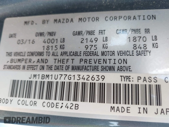 2016 Mazda 3 i Sport with VIN JM1BM1U77G1342639, listed as a IAAI auction lot 42071154 with 92,288 mi miles and . Bid and sale history available at DreamBid. Image 9.