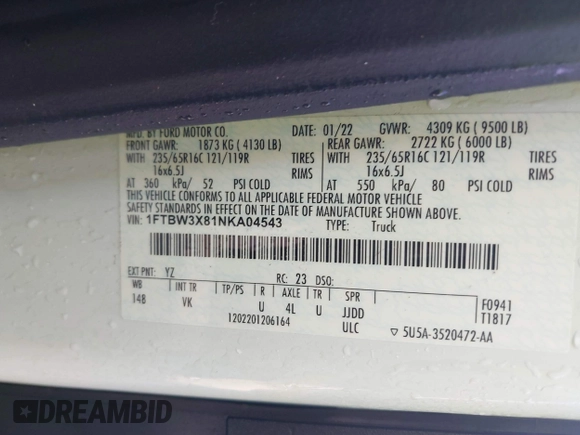 2022 Ford Transit Cargo z VIN 1FTBW3X81NKA04543, wystawiony jako IAAI lot #41763336 z przebiegiem 128 518 mil mil oraz . Historia ofert i sprzedaży dostępna na DreamBid. Obrazek 9.