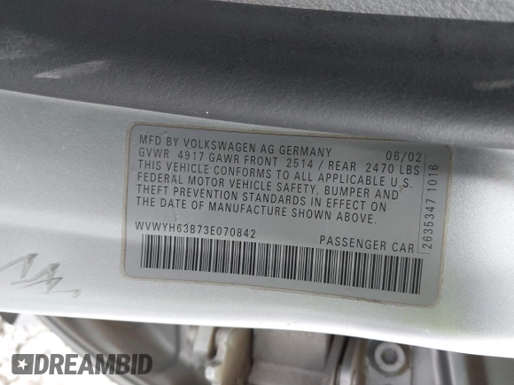 2003 Volkswagen Passat GLX z VIN WVWYH63B73E070842, wystawiony jako IAAI lot #42272467 z przebiegiem 147 851 mil mil oraz . Historia ofert i sprzedaży dostępna na DreamBid. Obrazek 9.