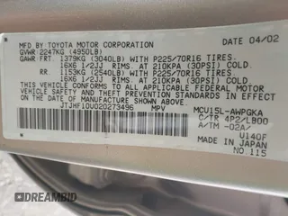 2002 Lexus RX 300 with VIN JTJHF10U020273496, listed as a IAAI auction lot 42016422 with 306,664 mi miles and . Bid and sale history available at DreamBid. Image 9.