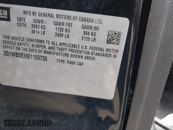 2014 Chevrolet Impala LT with VIN 2G1WB5E36E1150736, listed as a IAAI auction lot 41791685 with 128,779 mi miles and . Bid and sale history available at DreamBid. Image 9.