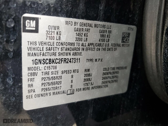 2015 Chevrolet Tahoe LT with VIN 1GNSCBKC2FR247311, listed as a Copart auction lot 48990415 with 116,657 mi miles and Clean Title. Bid and sale history available at carsss.com. Image 14.
