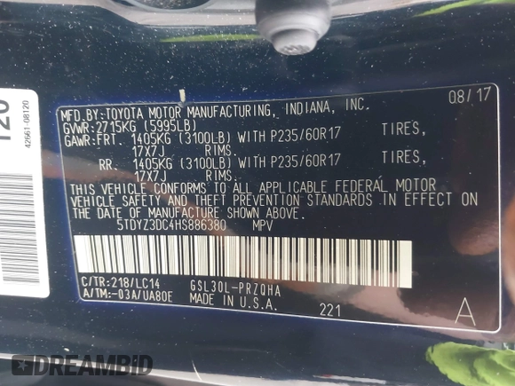 2017 Toyota Sienna XLE Auto Access Seat with VIN 5TDYZ3DC4HS886380, listed as a IAAI auction lot 41819662 with 382,793 mi miles. Bid and sale history available at carsss.com. Image 9.