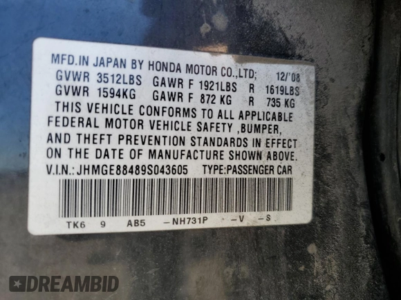 2009 Honda Fit Sport с VIN JHMGE88489S043605, выставлен на аукционе Copart как лот 60164185 с пробегом 179 941 миль миль и Списание • Salvage title. История ставок и продаж доступна на DreamBid. Изображение 12.