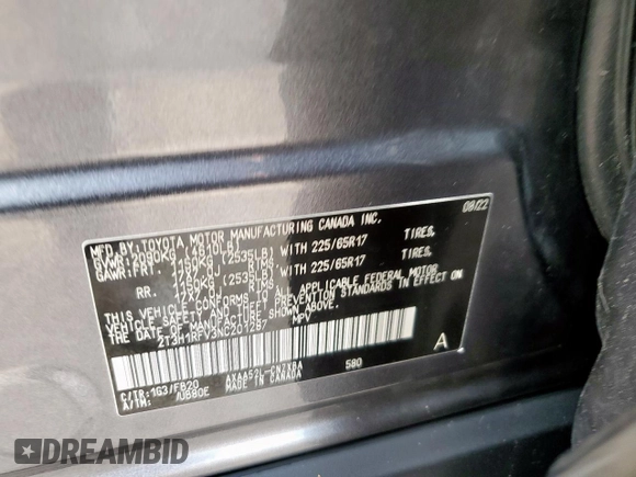 2022 Toyota RAV4 LE with VIN 2T3H1RFV3NC201287, listed as a Copart auction lot 63579475 with 52,581 mi miles and Salvage title. Bid and sale history available at DreamBid. Image 12.