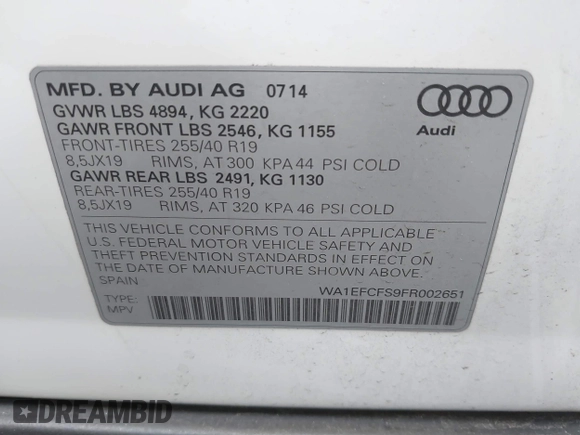 2015 Audi Q3 2.0T Premium Plus with VIN WA1EFCFS9FR002651, listed as a IAAI auction lot 41755613 with 111,281 mi miles. Bid and sale history available at carsss.com. Image 9.