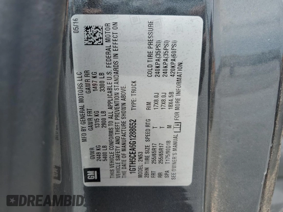 2016 GMC Canyon 2WD SLE with VIN 1GTH5CEA6G1288652, listed as a Copart auction lot 50274924 with 57,033 mi miles and Salvage Title. Bid and sale history available at carsss.com. Image 12.