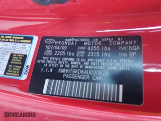 2010 Hyundai Genesis Coupe Premium with VIN KMHHT6KD6AU030624, listed as a IAAI auction lot 41093182 with 1 mi miles. Bid and sale history available at carsss.com. Image 9.