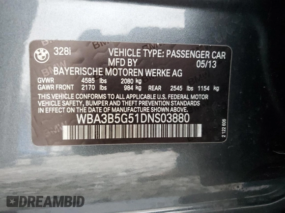 2013 BMW 3 Series 328i xDrive с VIN WBA3B5G51DNS03880, выставлен на аукционе Copart как лот 42615265 с пробегом 116 088 миль миль и Списание • Salvage title. История ставок и продаж доступна на DreamBid. Изображение 12.