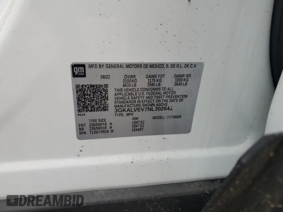 2022 GMC Terrain SLT with VIN 3GKALVEV7NL302641, listed as a Copart auction lot 51687135 with 43,258 mi miles and Salvage Title. Bid and sale history available at carsss.com. Image 14.